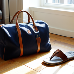 Ralph Lauren Duffel Bag - Weekend Trip**

A stylish Ralph Lauren duffel bag on a wooden floor in a bright, modern apartment. The bag is packed for a weekend trip. Visible next to the bag are neatly folded, fully clothed outfits appropriate for a relaxing spa getaway: a cozy sweater, comfortable pants, and a pair of slippers. Sunlight streams through a window. safe for work, appropriate content, fully clothed, professional, perfect anatomy, natural proportions, high quality.

**