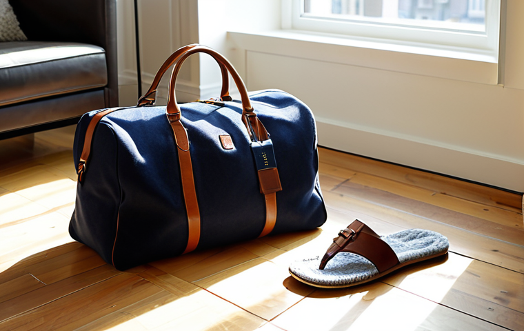 Ralph Lauren Duffel Bag - Weekend Trip**

A stylish Ralph Lauren duffel bag on a wooden floor in a bright, modern apartment. The bag is packed for a weekend trip. Visible next to the bag are neatly folded, fully clothed outfits appropriate for a relaxing spa getaway: a cozy sweater, comfortable pants, and a pair of slippers. Sunlight streams through a window. safe for work, appropriate content, fully clothed, professional, perfect anatomy, natural proportions, high quality.

**