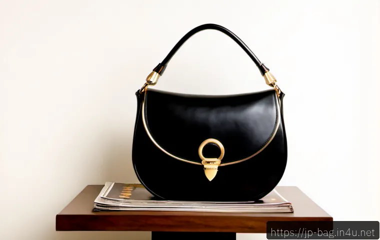 구찌 재키 1961 백의 역사와 스타일링 - Photorealistic editorial still life of an elegant 1960s-inspired crescent hobo handbag in rich black...