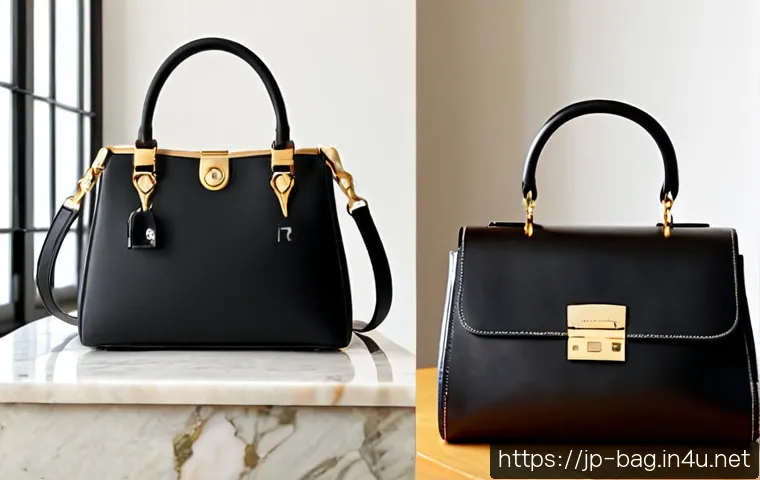 에르메스 버킨백과 켈리백의 차이 - Photorealistic luxury handbag comparison on a refined cream marble table: two unbranded structured l...